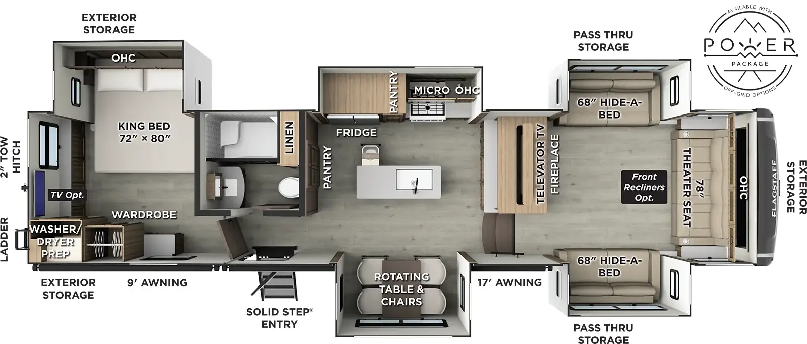 The Flagstaff Classic Fifth Wheels 402CFL floorplan has one entry and five slide outs. Exterior features include: fiberglass exterior and 9' & 16' awning. Interiors features include: rear bedroom and front living.